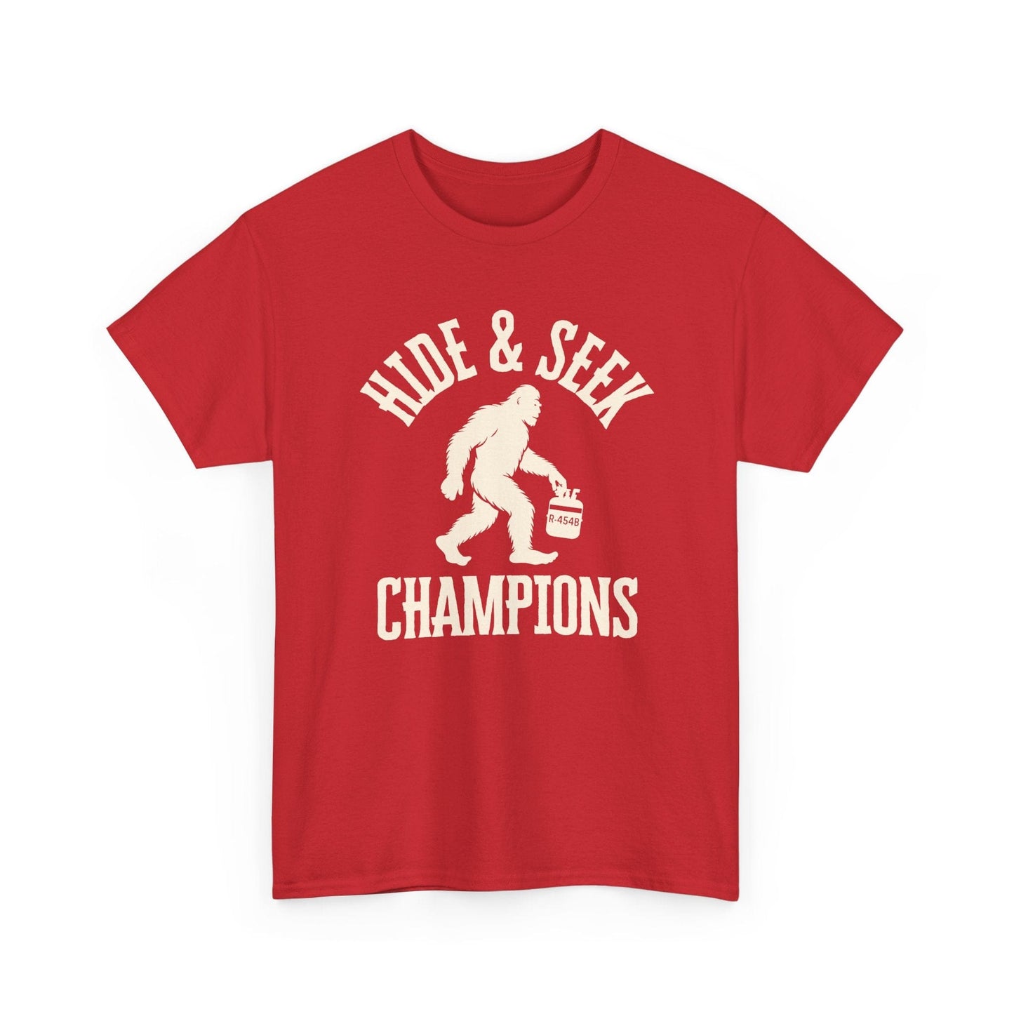 Red t-shirt with 'Hide & Seek Champions' graphic on a white background