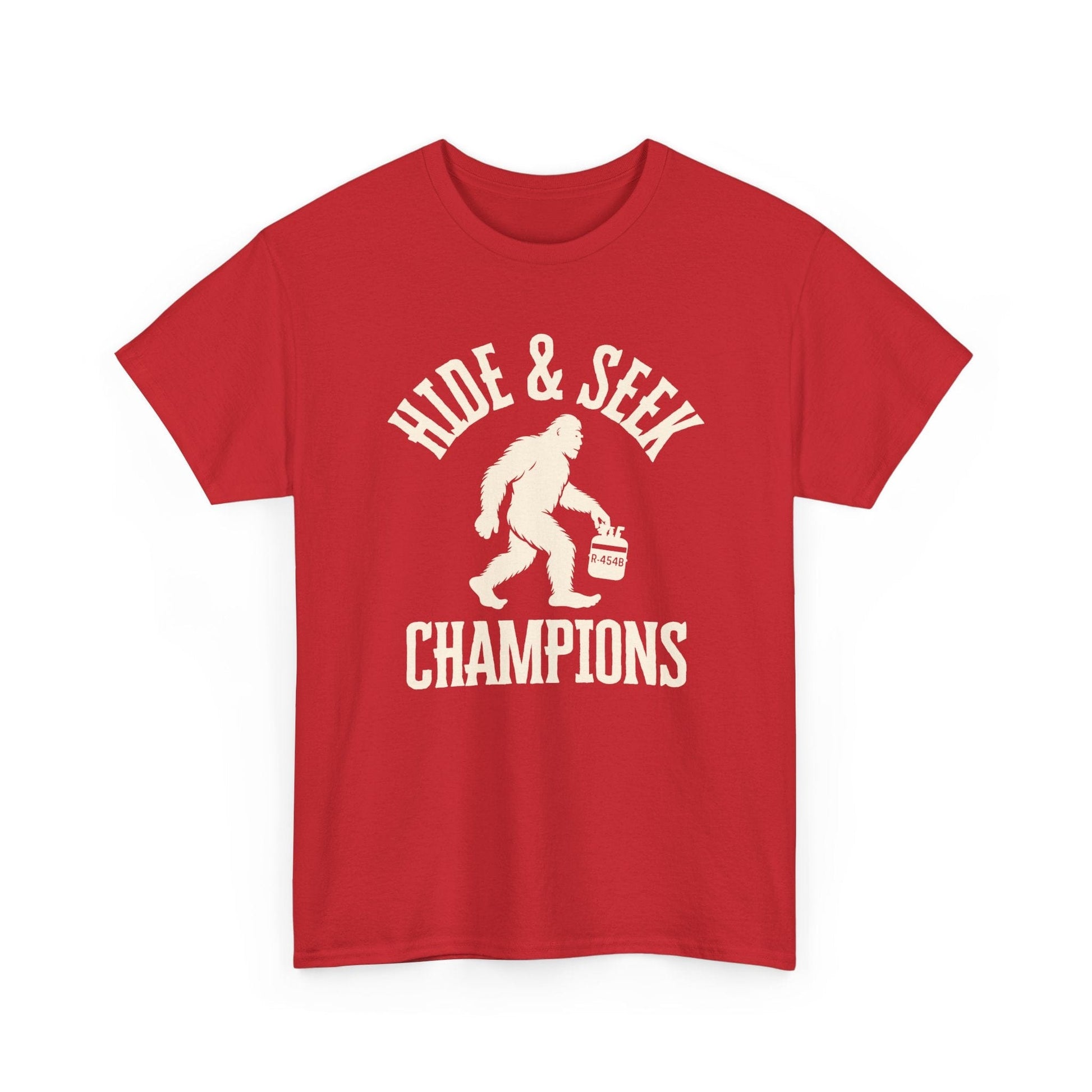 Red t-shirt with 'Hide & Seek Champions' graphic on a white background