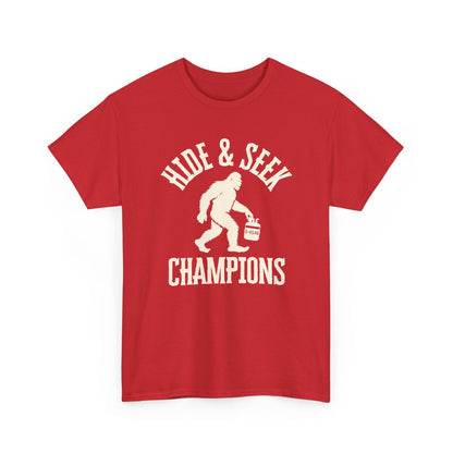 Red t-shirt with 'Hide & Seek Champions' graphic on a white background