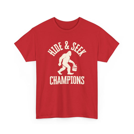 Red t-shirt with 'Hide & Seek Champions' graphic on a white background