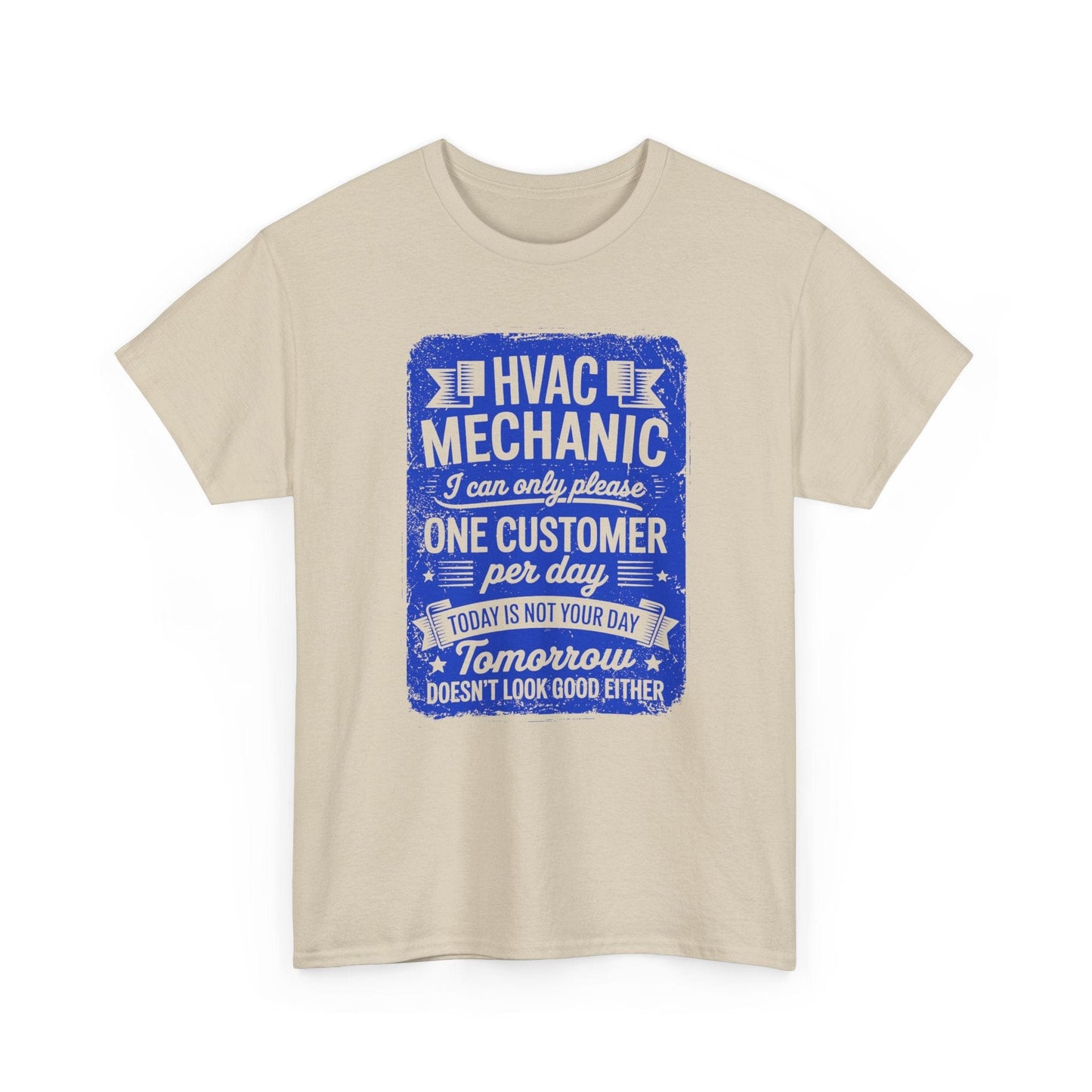 Beige t-shirt with blue HVAC Mechanic graphic on a white background