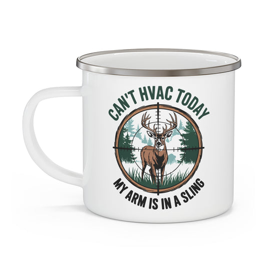 White mug with an HVAC and hunting-themed design and text on a white background