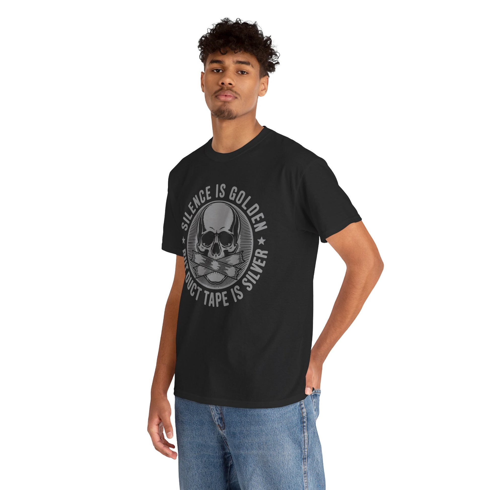 Man wearing a Black t-shirt with skull design and 'Silence is Golden- but duct tape is silver' text on a white background.