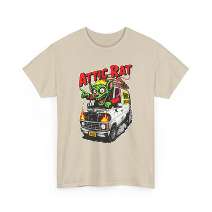 Beige t-shirt with a graphic of a monster truck and 'Attic Rat' text on a white background