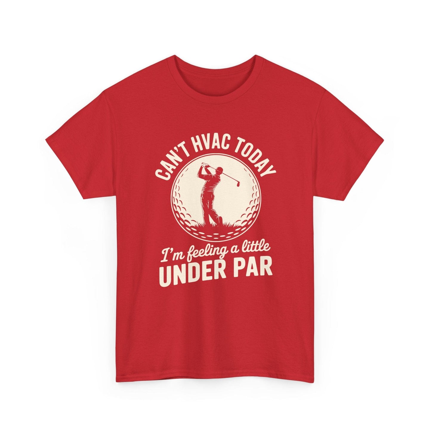 Red t-shirt with golf-themed text and graphics on a white background