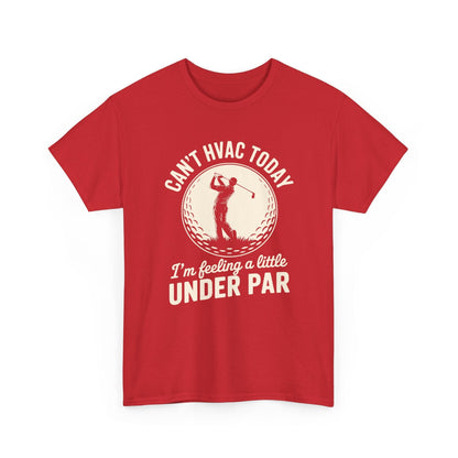 Red t-shirt with golf-themed text and graphics on a white background