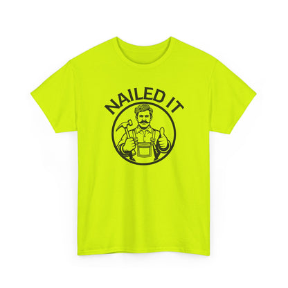Yellow t-shirt with 'NAILED IT' graphic on a white background