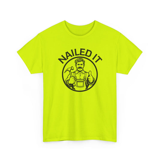 Yellow t-shirt with 'NAILED IT' graphic on a white background