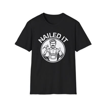 Black t-shirt with a graphic of a man giving a thumbs up and the text 'NAILED IT' on a white background.