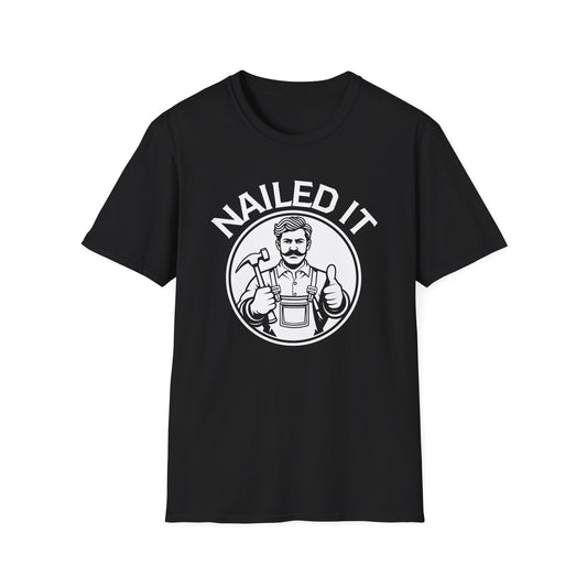 Black t-shirt with a graphic of a man giving a thumbs up and the text 'NAILED IT' on a white background.