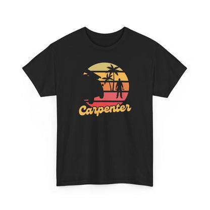 Black t-shirt with a 'Carpenter' graphic design featuring palm trees and a sunset on a white background.
