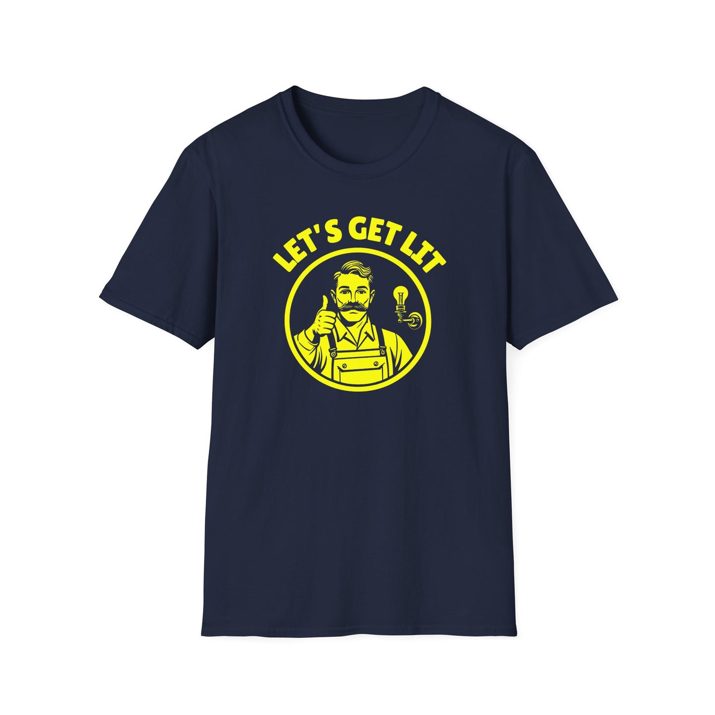 Navy blue t-shirt with yellow graphic and text 'LET'S GET LIT' on a white background