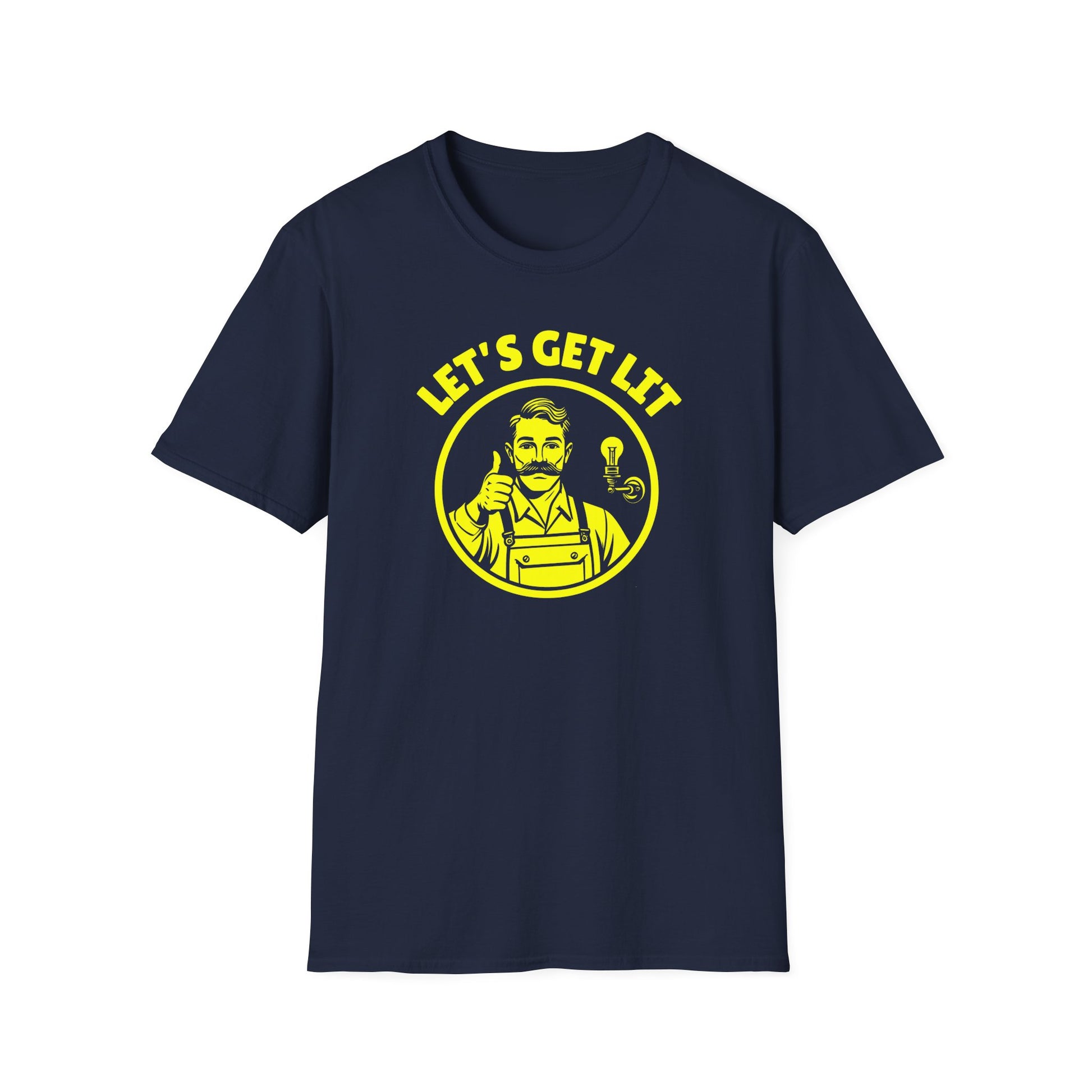 Navy blue t-shirt with yellow graphic and text 'LET'S GET LIT' on a white background