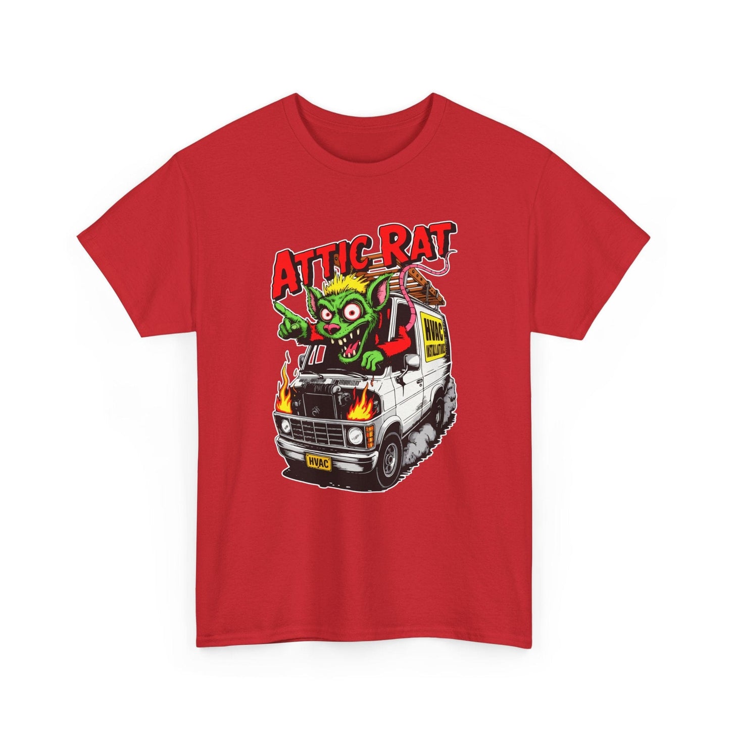 Red t-shirt with 'Attic Rat' graphic design featuring a monster and van on a white background