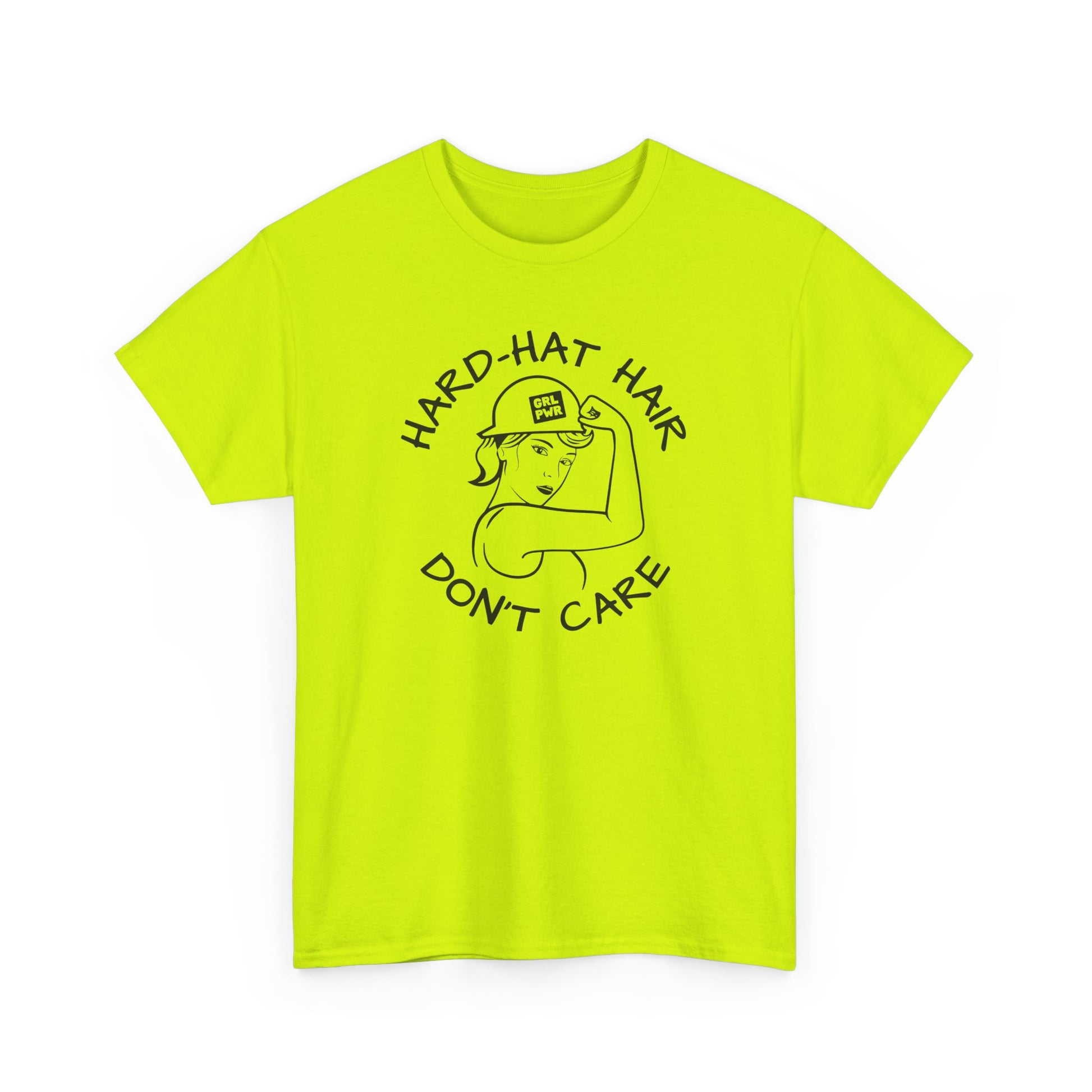 Safety Hi Vis t-shirt with graphic and text 'Hard hat har don't care'