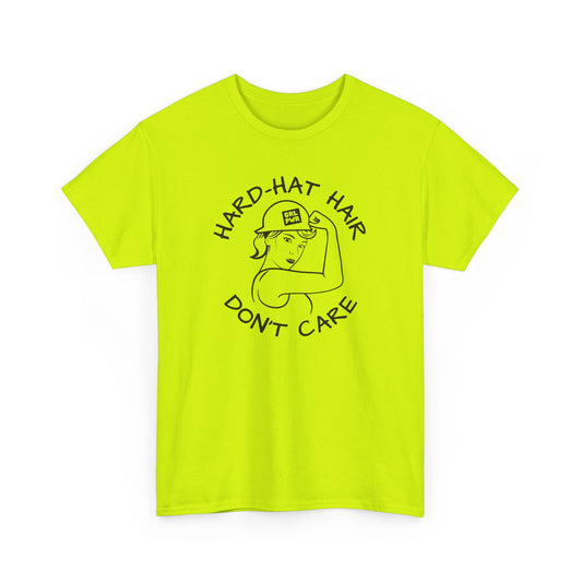 Safety Hi Vis t-shirt with graphic and text 'Hard hat har don't care'