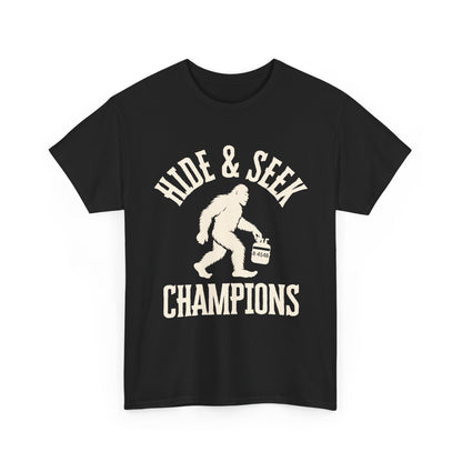 Black HVAC t-shirt with white graphic and text 'Hide & Seek Champions' on a white background