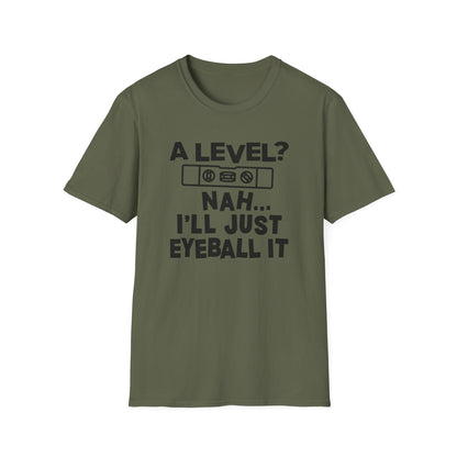 Green t-shirt with humorous text design on a white background