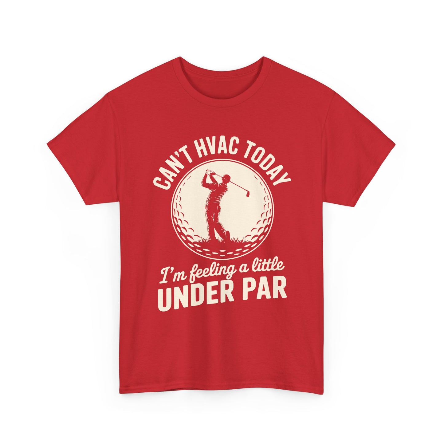 Red t-shirt with HVAC and golf-themed text and graphic on a white background