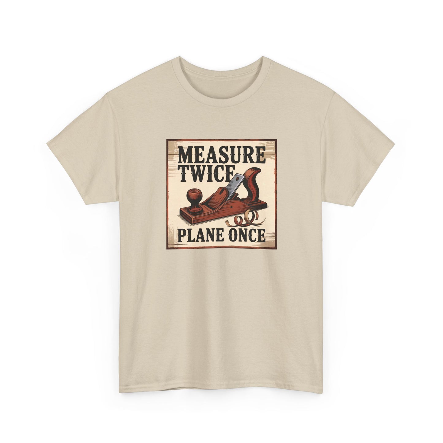Beige t-shirt with a graphic design of a wooden plane and text on a white background