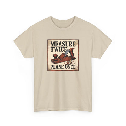 Beige t-shirt with a graphic design of a wooden plane and text on a white background