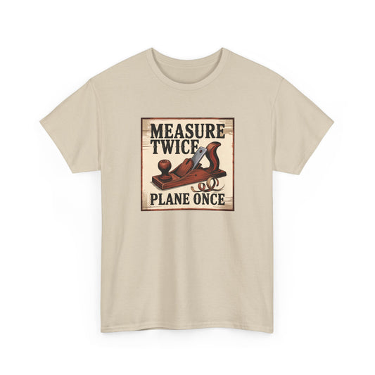 Beige t-shirt with a graphic design of a wooden plane and text on a white background