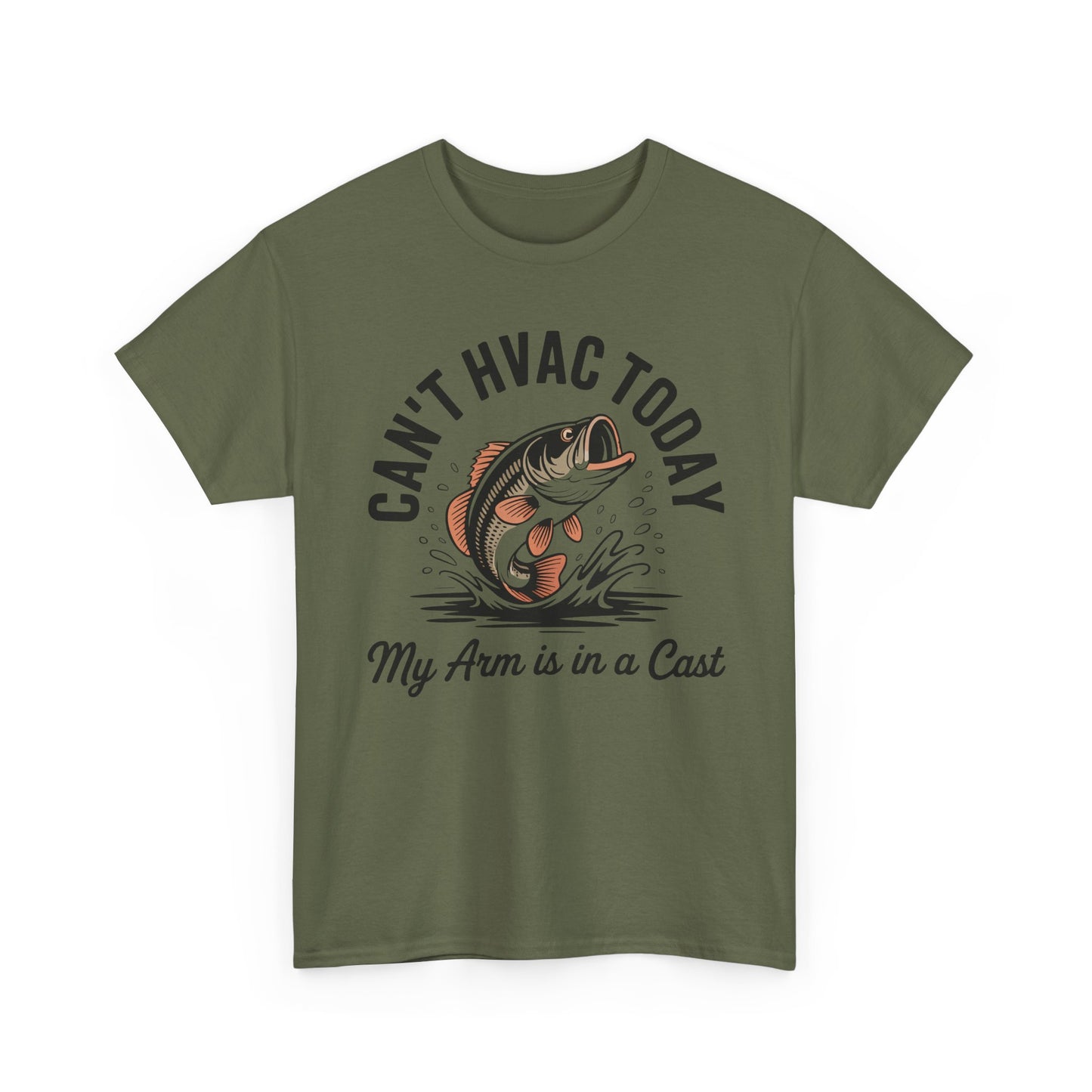 Green t-shirt with a fish graphic and text 'Can't HVAC today' on a white background