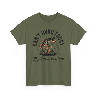 Green t-shirt with a fish graphic and text 'Can't HVAC today' on a white background