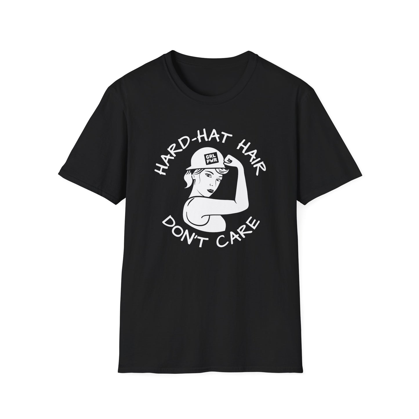 Black t-shirt with white graphic and text 'Hard-Hat Hair Don't Care'