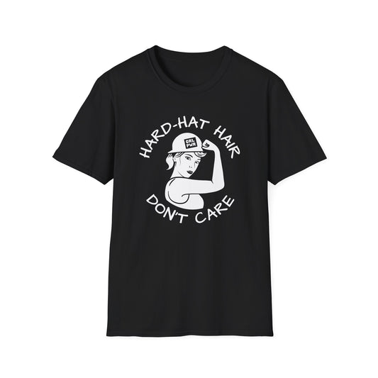 Black t-shirt with white graphic and text 'Hard-Hat Hair Don't Care'