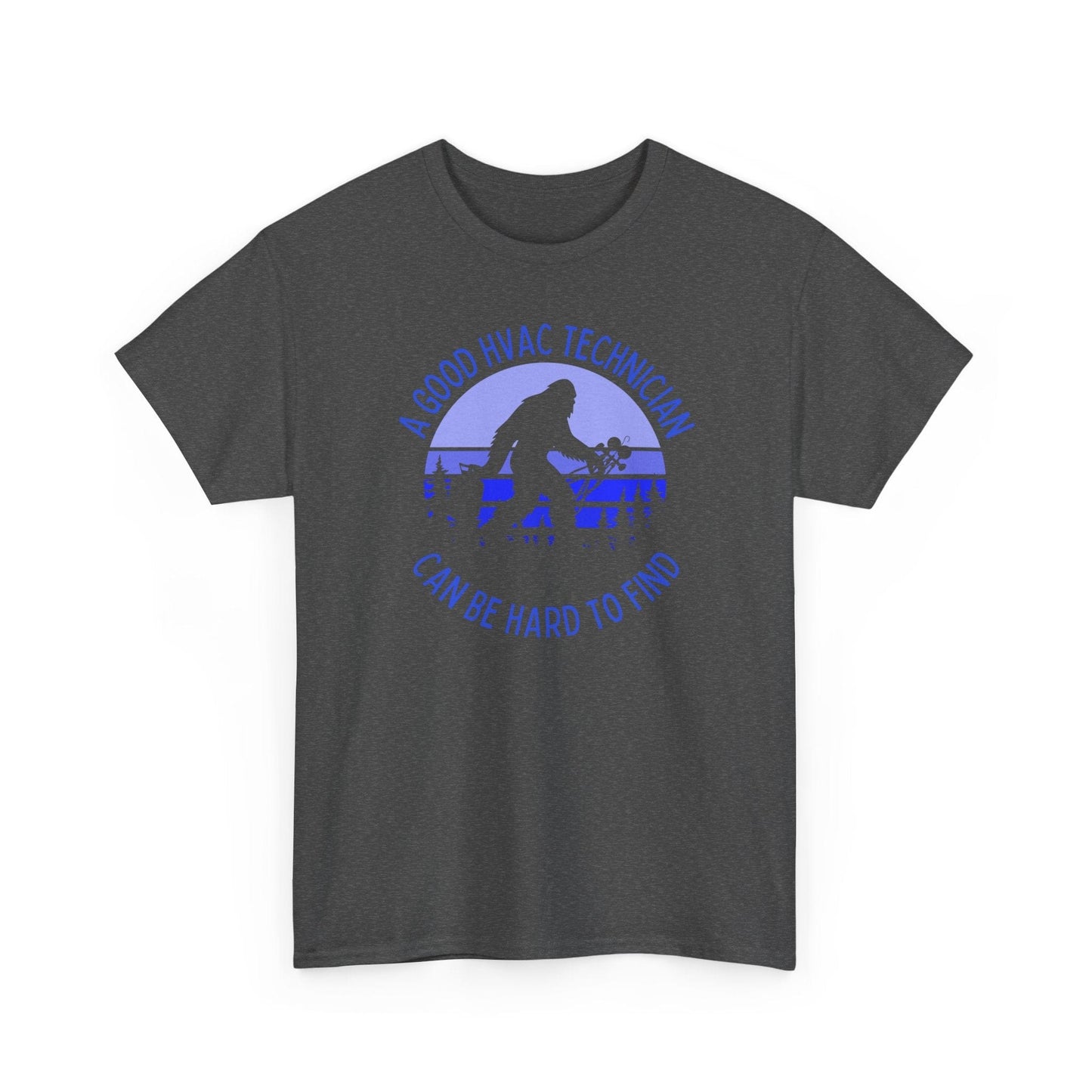 Gray t-shirt with blue graphic and text on a white background
