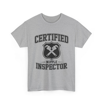 Gray t-shirt with 'Certified Nipple Inspector' text and graphic on a white background