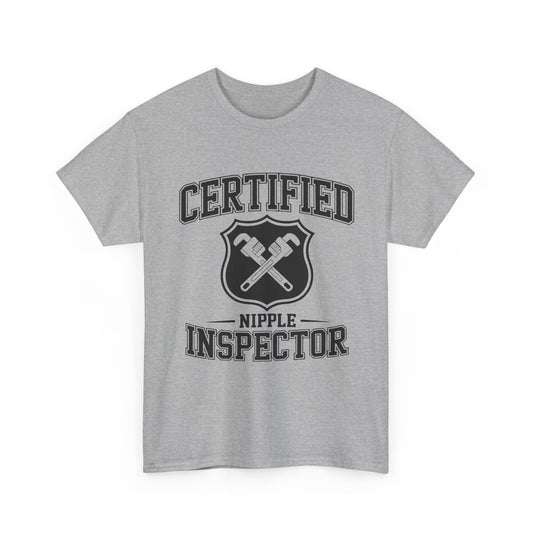 Gray t-shirt with 'Certified Nipple Inspector' text and graphic on a white background
