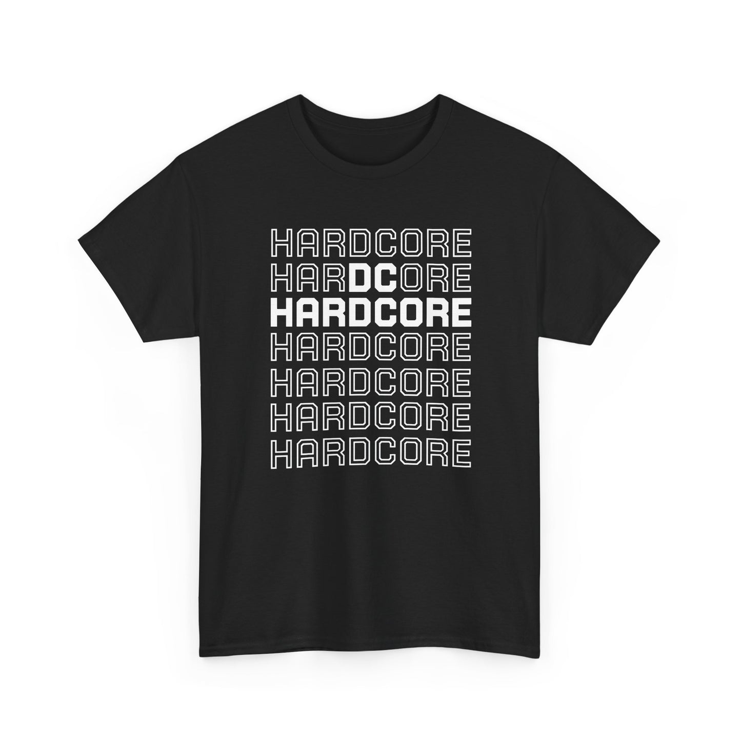Black t-shirt with 'DC HARDCORE' text in a stylized font on a white background