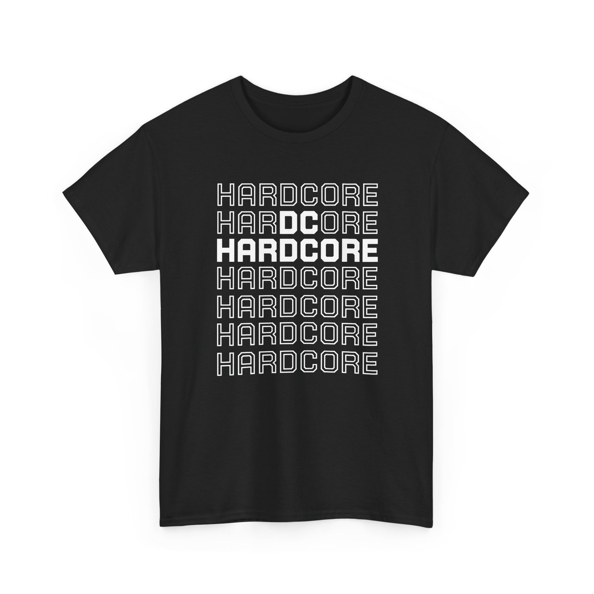 Black t-shirt with 'DC HARDCORE' text in a stylized font on a white background