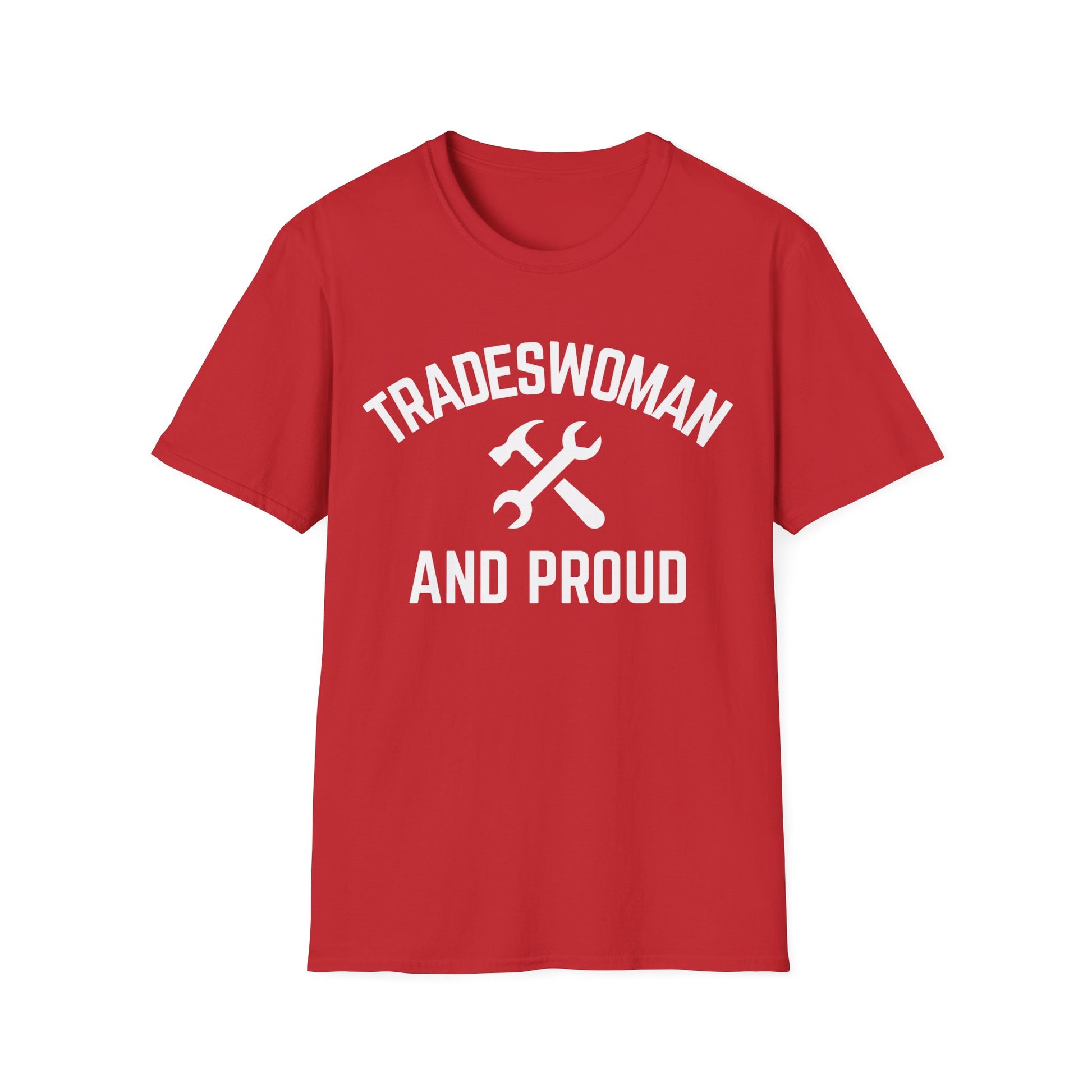 Red t-shirt with 'Tradeswoman and Proud' text and wrench graphic on a white background