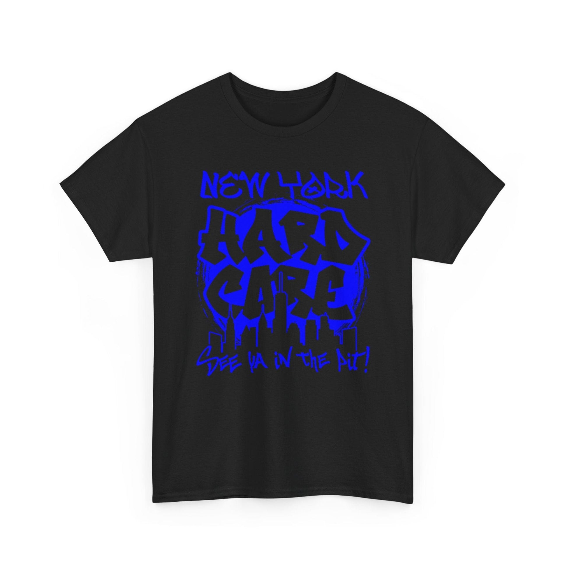 Black t-shirt with blue text on a white background