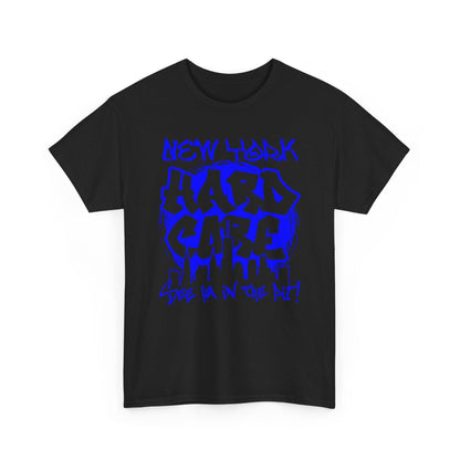 Black t-shirt with blue text on a white background