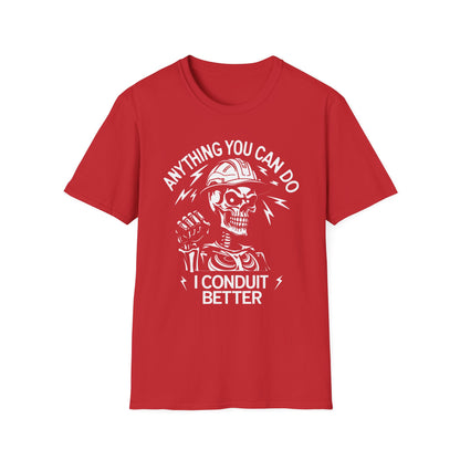 Red t-shirt with white graphic and text 'I conduit better'on a white background