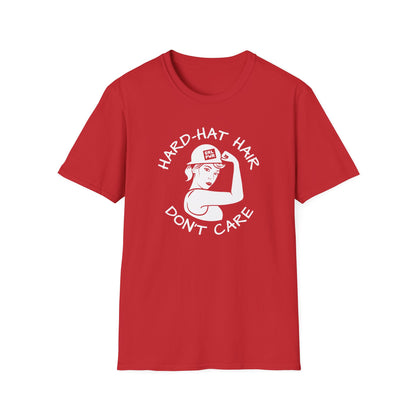Red t-shirt with a graphic and text 'Hard-Hat Hair Don't Care' on a white background