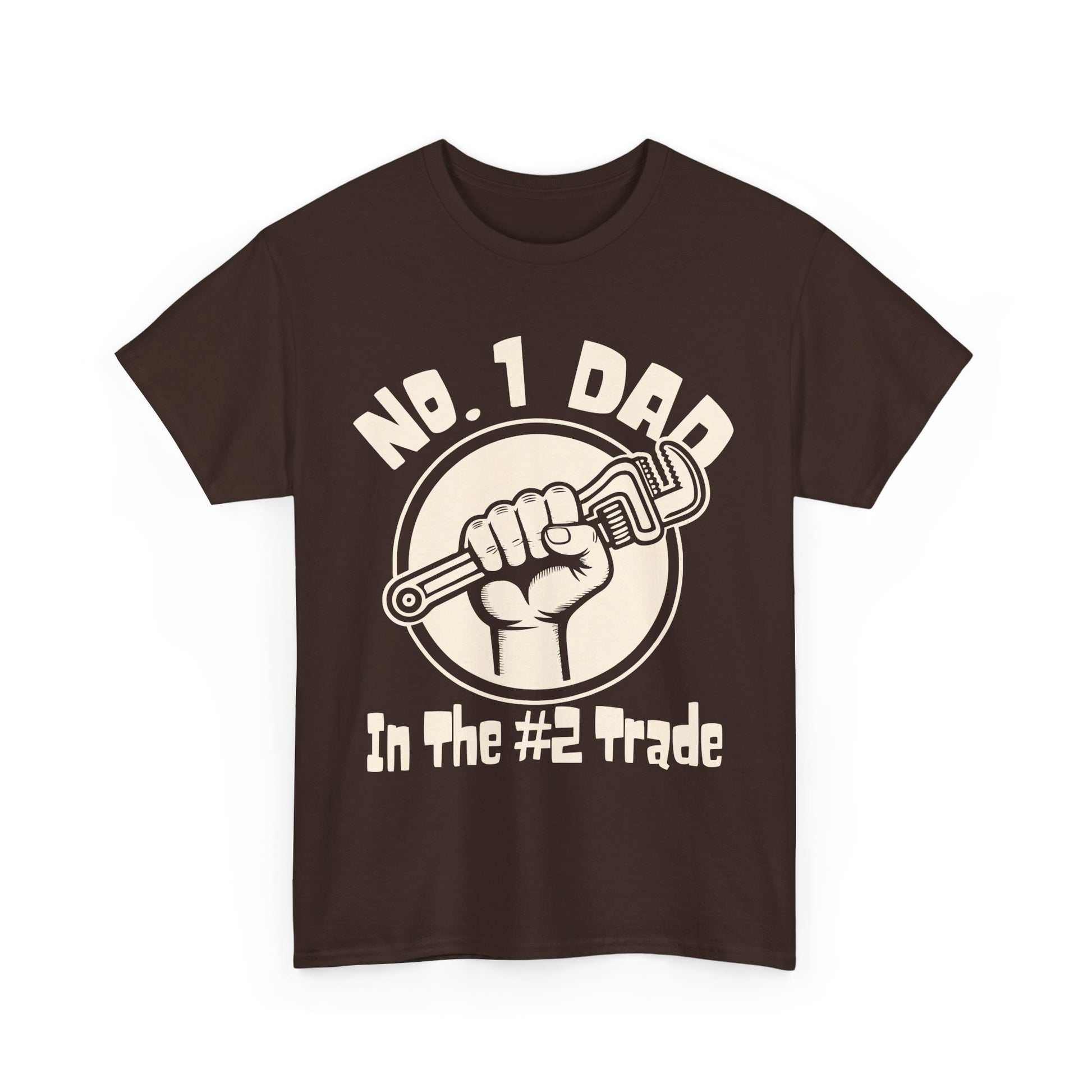 Brown t-shirt with plumbing graphic design and text on a white background