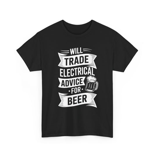 Black t-shirt with white text 'Electrical advice for beer'  and graphic on a white background