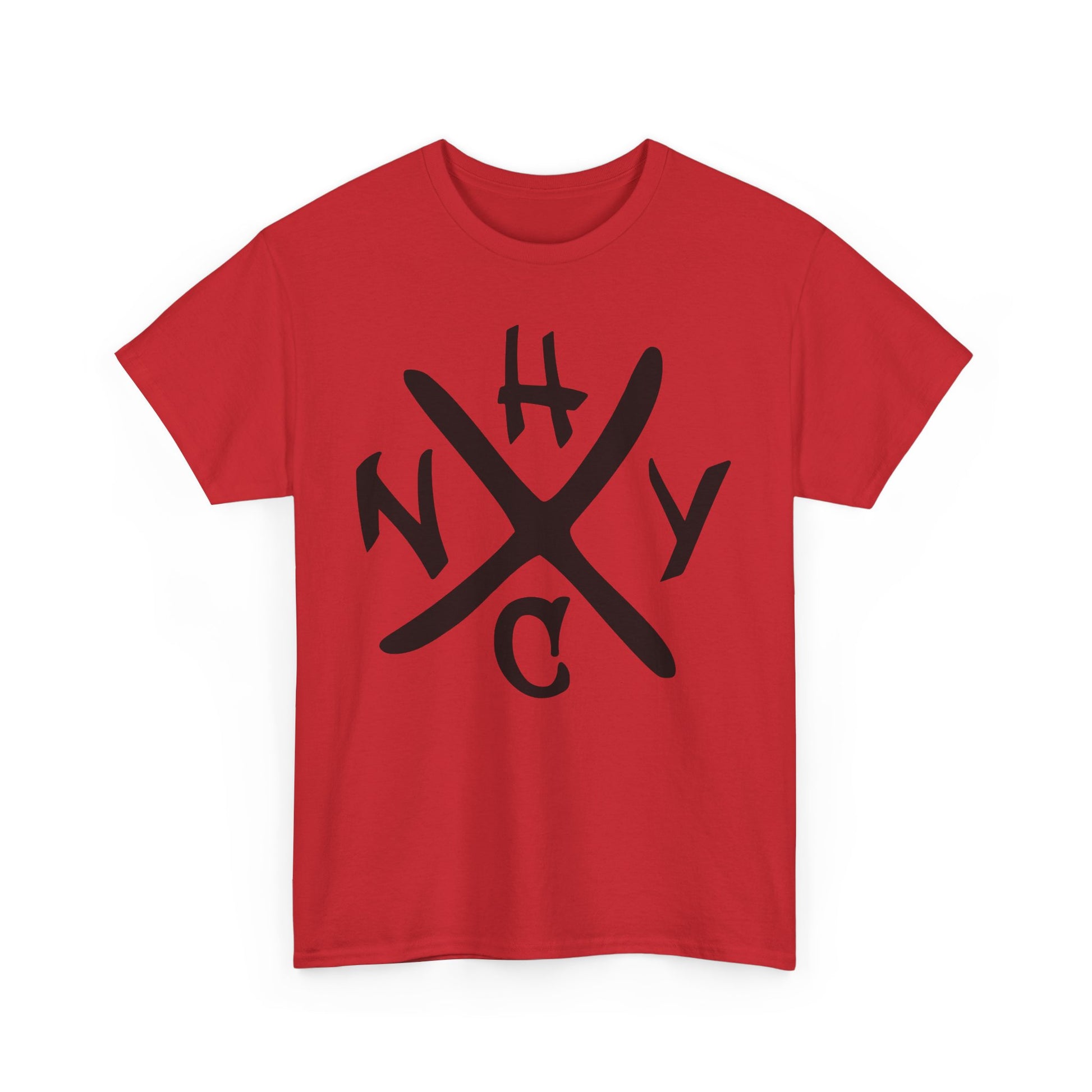Red t-shirt with black NYHC graphic design on a white background