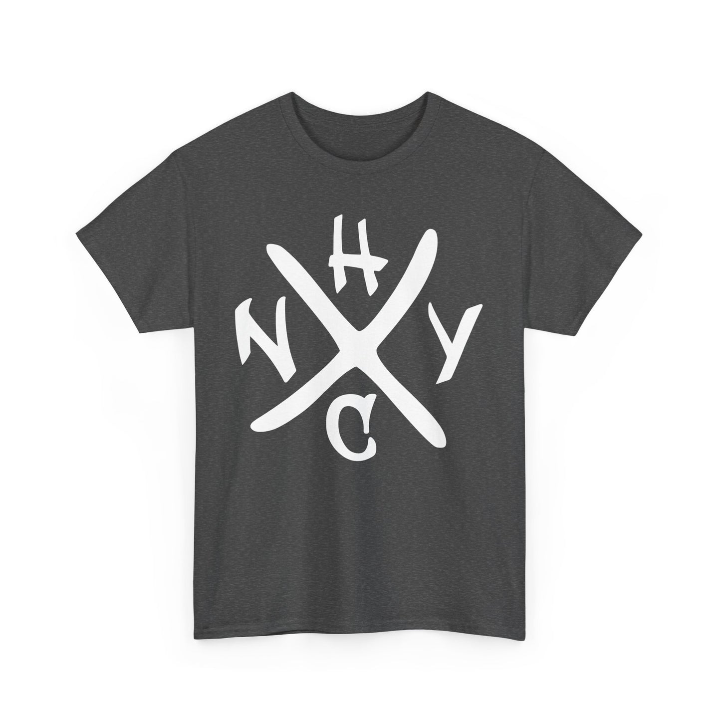Dark gray t-shirt with white 'NYHC' graphic on a white background