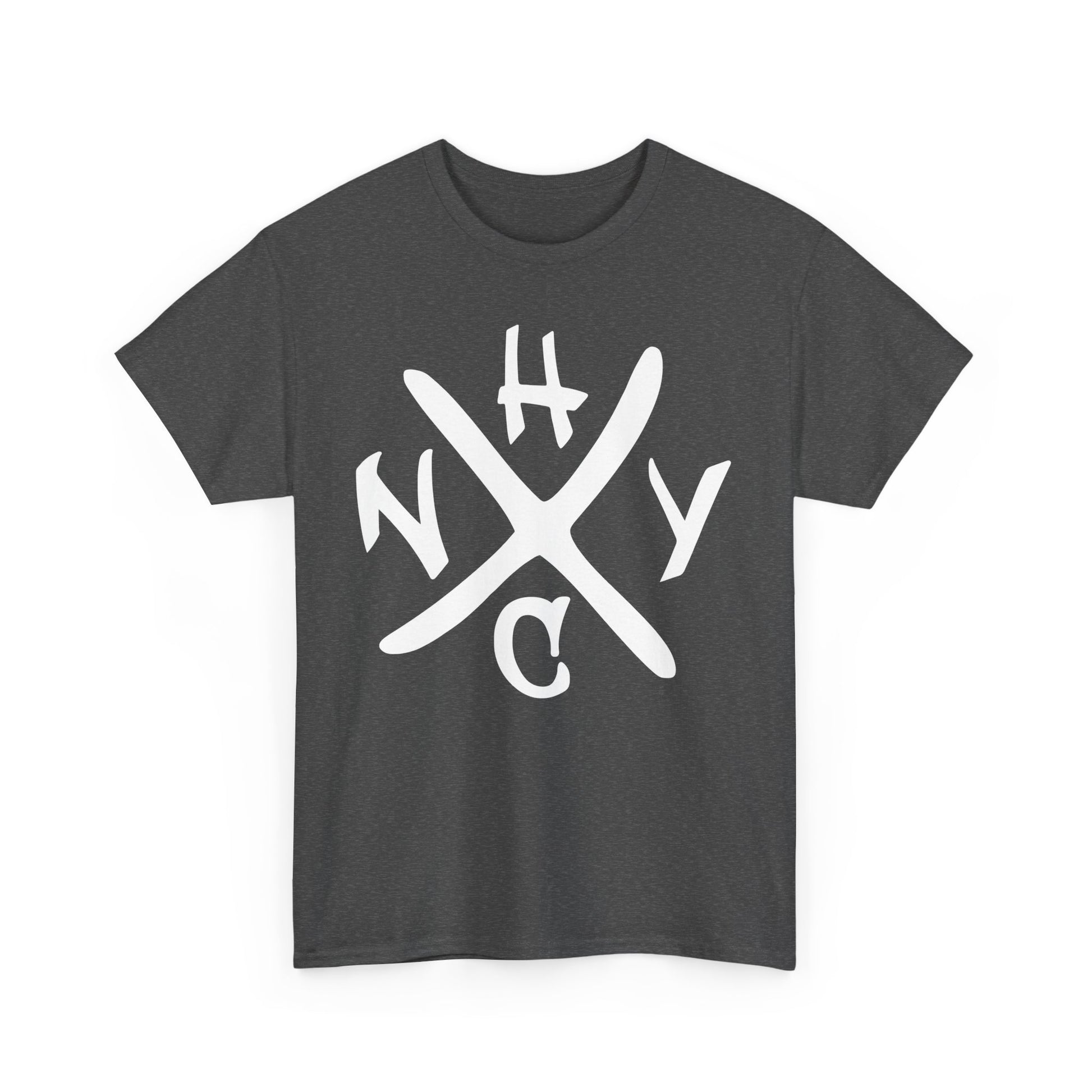 Dark gray t-shirt with white 'NYHC' graphic on a white background