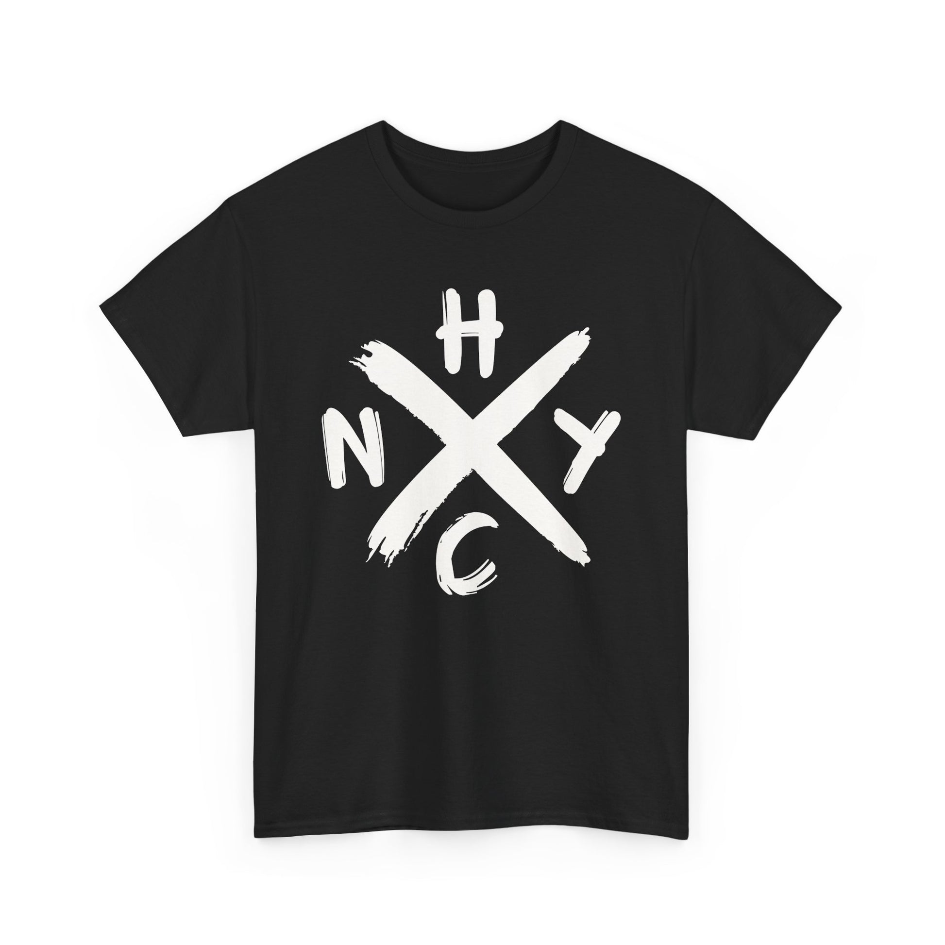 Black t-shirt with white 'NYHC' graphic on a white background