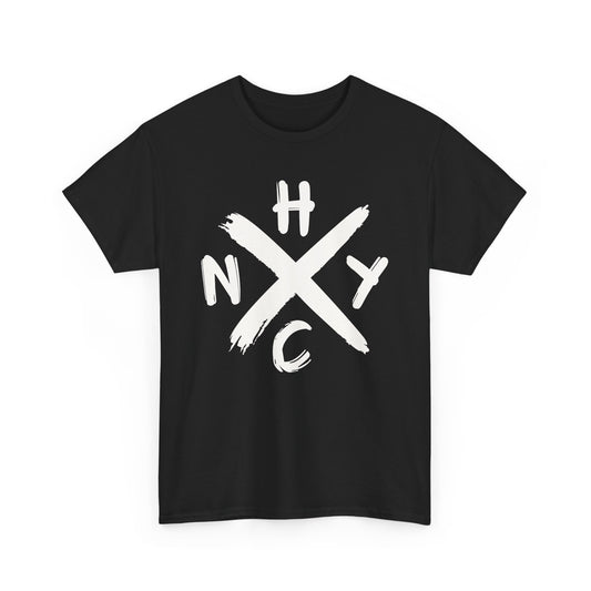 Black t-shirt with white 'NYHC' graphic on a white background