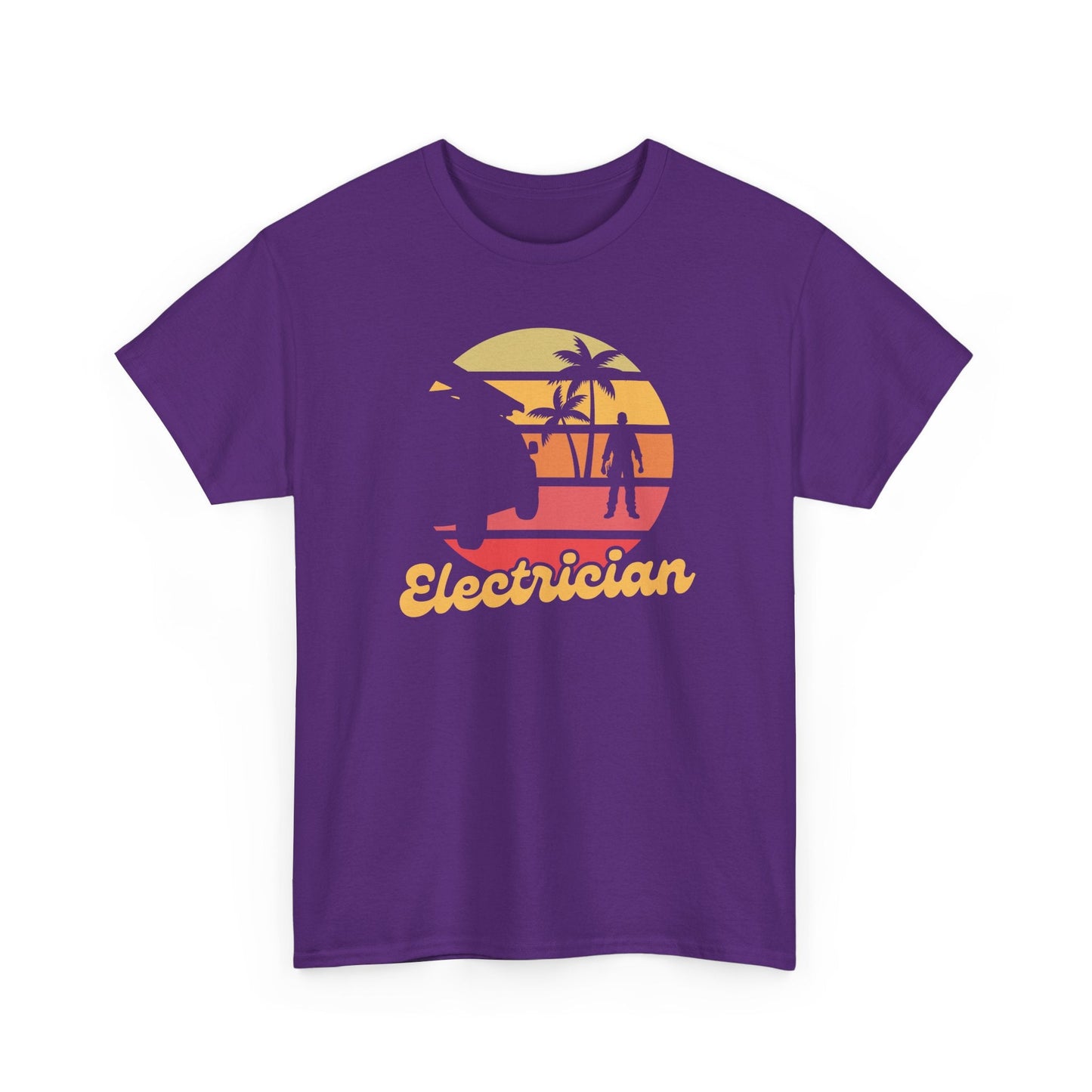 Purple t-shirt with a graphic design and the word 'Electrician' on a white background