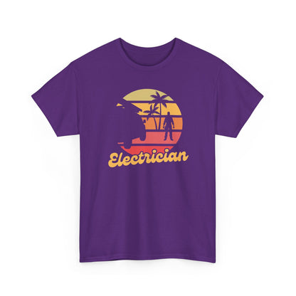 Purple t-shirt with a graphic design and the word 'Electrician' on a white background