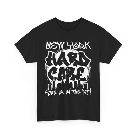 Black t-shirt with white NYHC Graphic on a white background